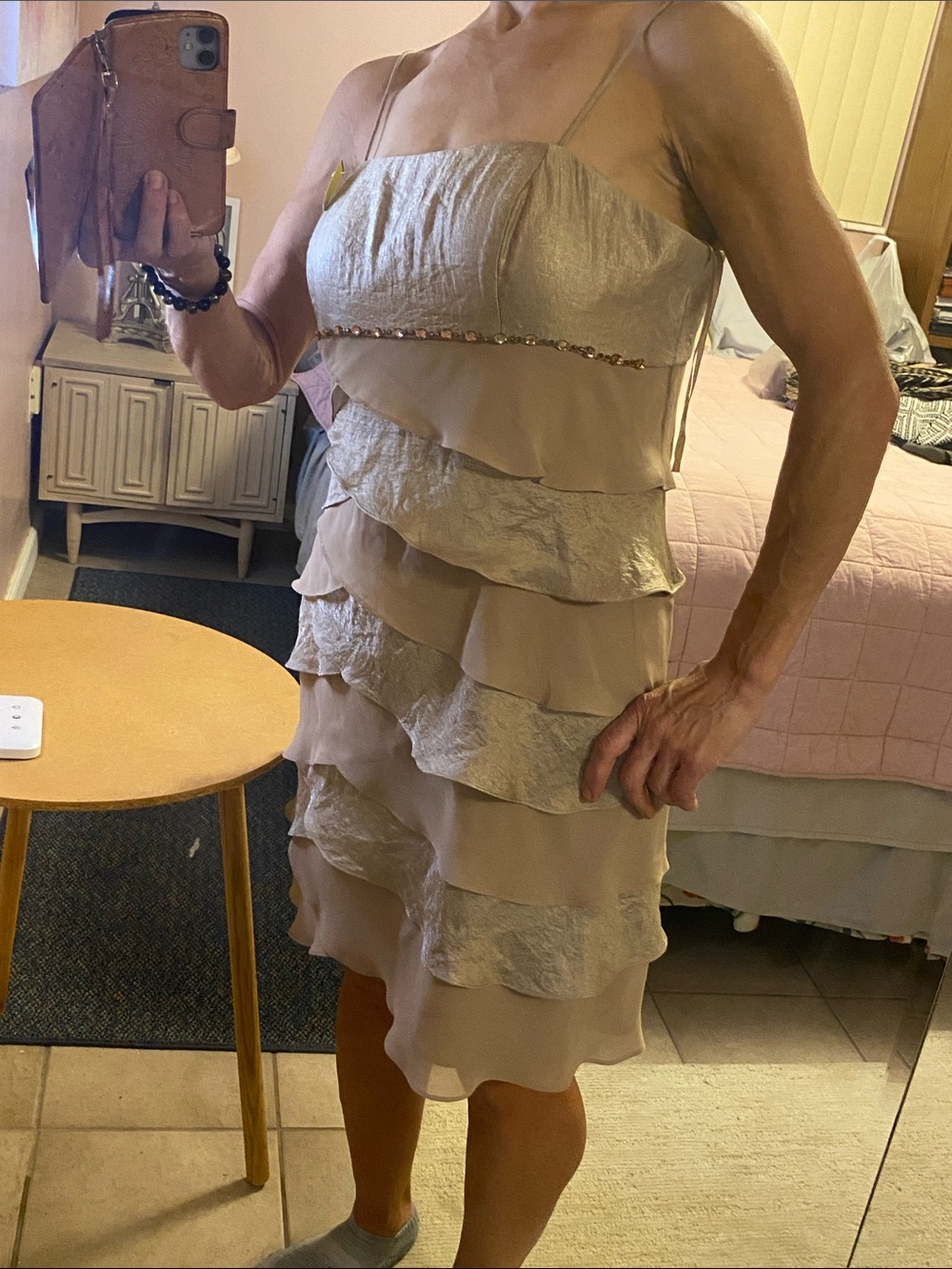 Beige and eMetallic Gold Ruffle Cocktail Dress - Picture 4 of 5
